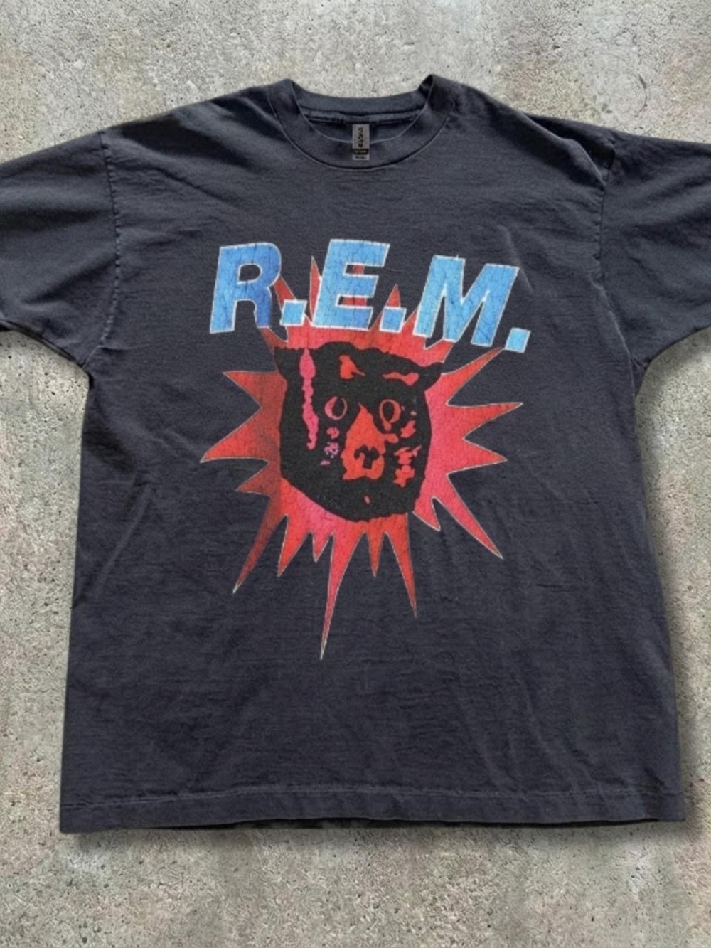 Gildan Black R.E.M. Graphic Tee with Blue Logo and Red Burst